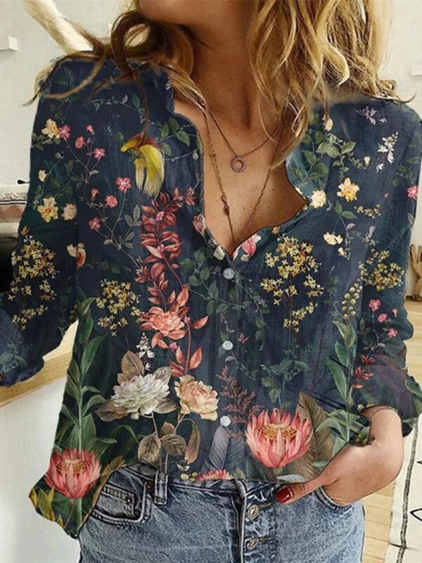 Fashion Printed Lapel Long Sleeved Shirt Blouse Women - Image 3