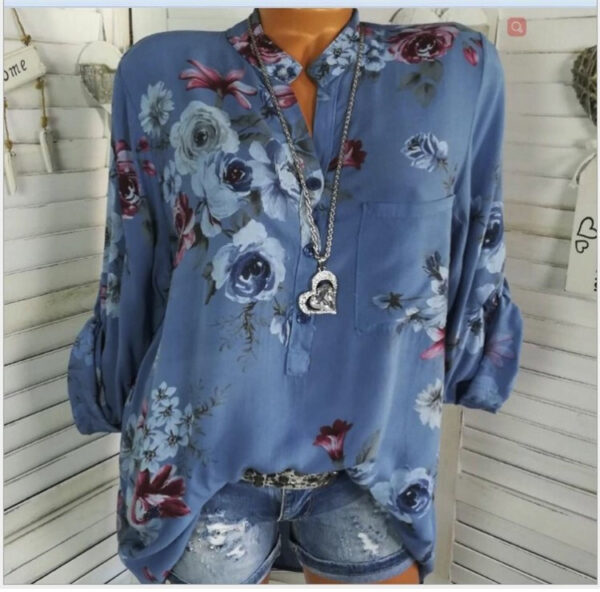 5XL Plus Size Summer Tops Women Blouses Long Sleeve Print Stand Collar Button Blouse Pullover Womens Clothing Shirt Blusa - Image 4