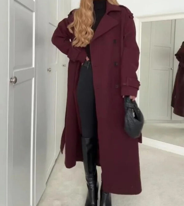 Fashion Lapel Woolen Coat With Belt Winter Double-breasted Trench Long Jacket For Women Clothing - Image 6