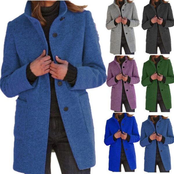 Fashion Stand Collar Woolen Coat With Pockets Fall Winter Casual Button Outwear For Women Clothing - Image 2