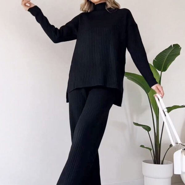 Turtleneck Knitted Suit Loose Split Design Long-sleeved Top And Straight Trousers Fashion Casual Solid Set Women's Clothing - Image 4