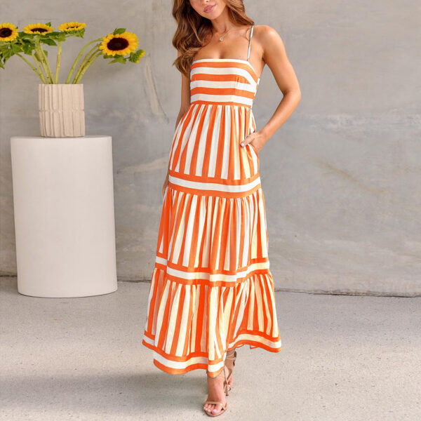 Summer Striped Printed Suspender Long Dress With Pockets Fashion Square Neck Backless Dresses For Beach Vacation Women Clothing - Image 6