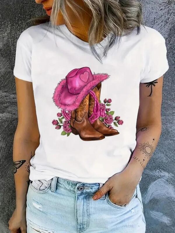 Cowgirl Floral Print T-shirts Women Summer Tshirt Lady Rive - Image 3