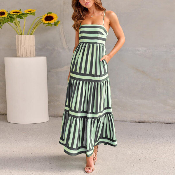 Summer Striped Printed Suspender Long Dress With Pockets Fashion Square Neck Backless Dresses For Beach Vacation Women Clothing - Image 4