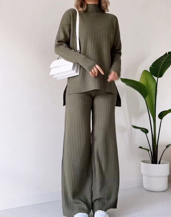 Turtleneck Knitted Suit Loose Split Design Long-sleeved Top And Straight Trousers Fashion Casual Solid Set Women's Clothing - Image 5