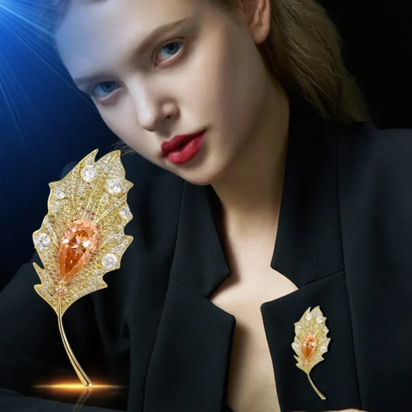 Luxury Green Crystal Leaf Brooch Pins for Women - Image 3