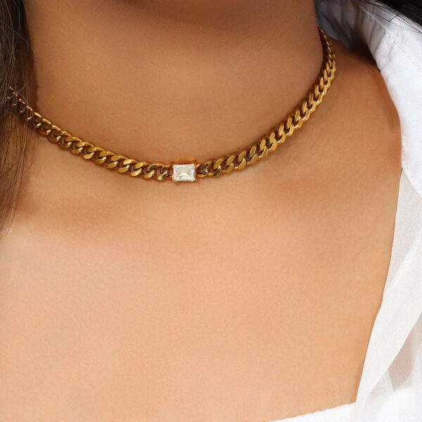 Stainless Steel Necklace Bracelet Jewelry Inlaid Rectangular Zircon 18K Gold Cuban Link Chain Necklace - Image 7