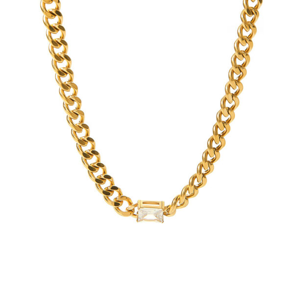 Stainless Steel Necklace Bracelet Jewelry Inlaid Rectangular Zircon 18K Gold Cuban Link Chain Necklace - Image 3