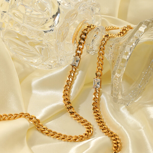 Stainless Steel Necklace Bracelet Jewelry Inlaid Rectangular Zircon 18K Gold Cuban Link Chain Necklace - Image 5
