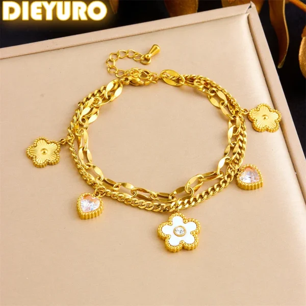 DIEYURO 316L Stainless Steell Heart  Leaf Bracelet Women