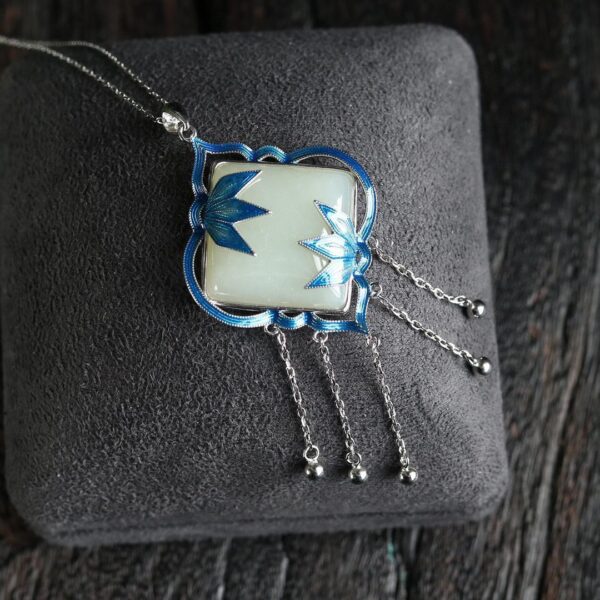 Xinjiang White Jade S925 Silver Enamel Bamboo Joint Pendant Jade Tassel Clavicle Chain